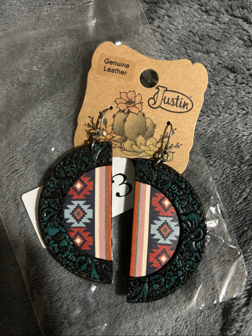Justin Boots Black & Coral Patterned Leather Hoop Earrings